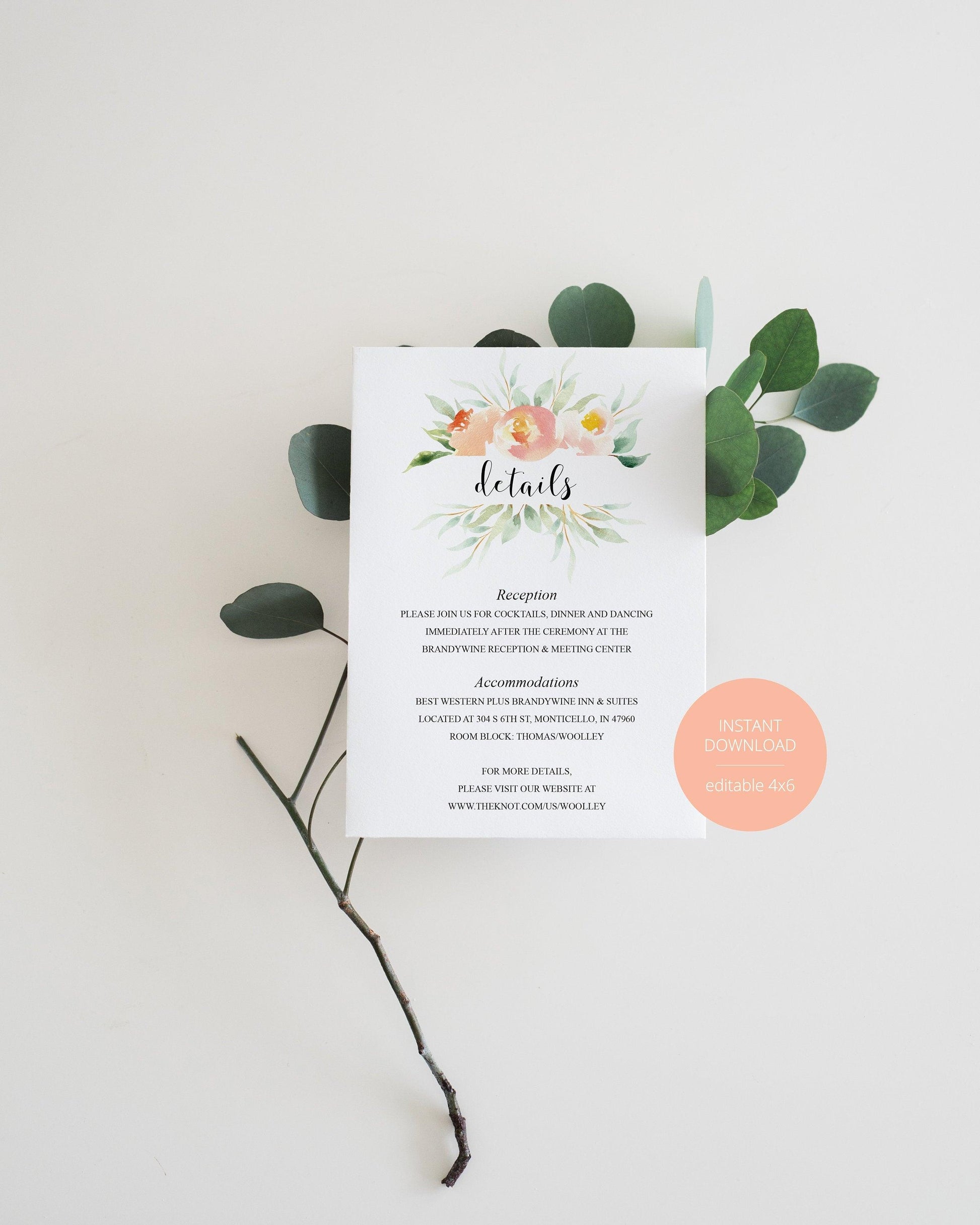 Wedding Details Card Template, Instant Download, Information Card, Wedding Info Card, Rustic Wedding,Details Template, Blush - Sarah - SAVVY PAPER CO