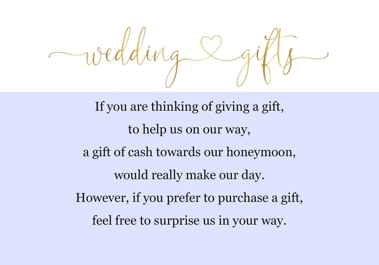 Wedding Gifts Card Template, Honeymoon Fund, Honeymoon Request, Wish Card, Wedding Insert Gold - Heather - SAVVY PAPER CO