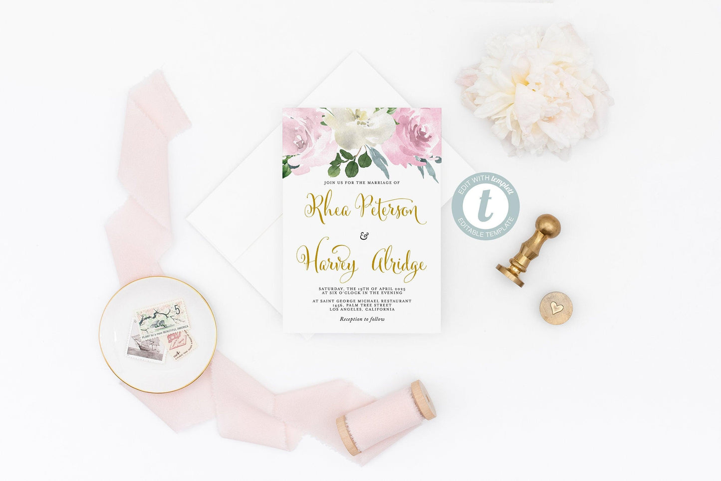 Wedding Invitation Template Instant Download Templett Printable Wedding Editable Blush Dusty Blue - Rhea - SAVVY PAPER CO