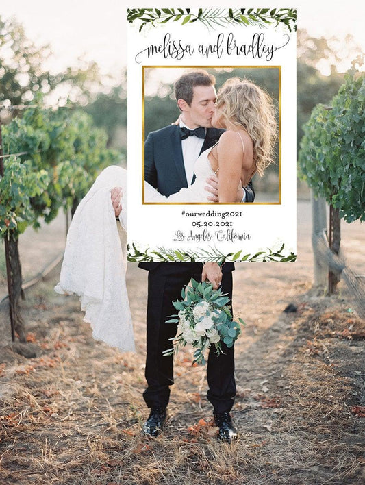 Wedding Photo Booth Frame, Photo Prop Frame, Birthday Photo Booth Prop, Editable, Greenery Gold - Melissa - SAVVY PAPER CO