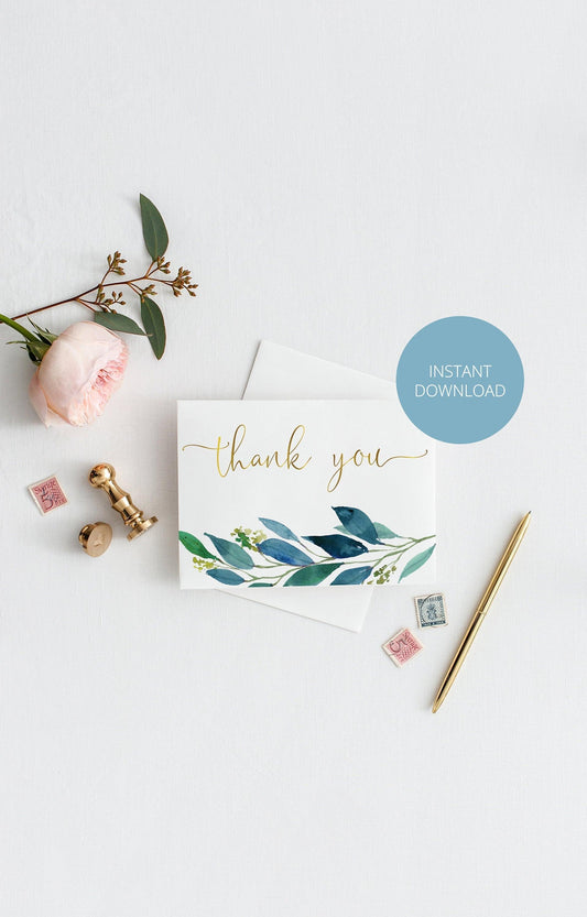Wedding Thank You Card, Instant Download, Thank you Cards, Printable Thank You, Wedding Cards, Greenery, Dusty Blue, Gold - Elaine - SAVVY PAPER CO