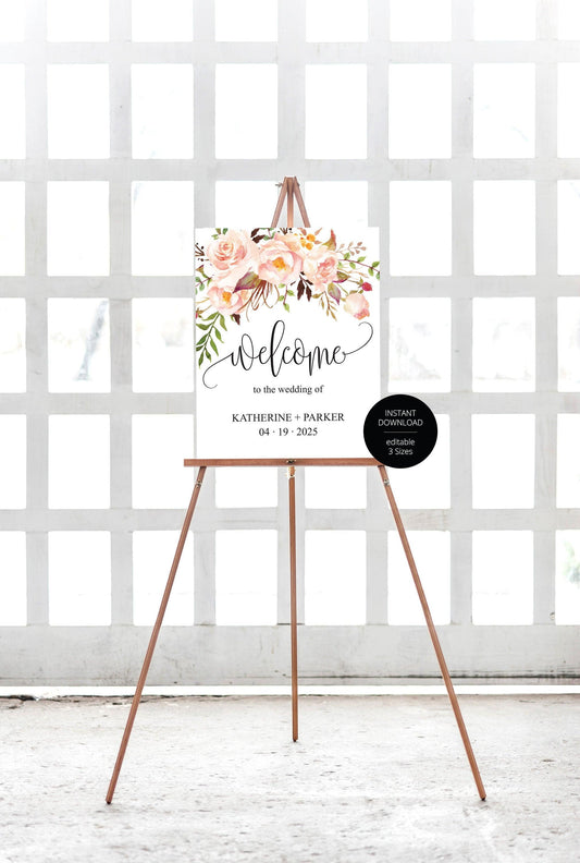 Wedding Welcome Sign Template, Blush, Floral Welcome Wedding Sign, Instant Download, Printable Welcome Sign - KATHERINE - SAVVY PAPER CO
