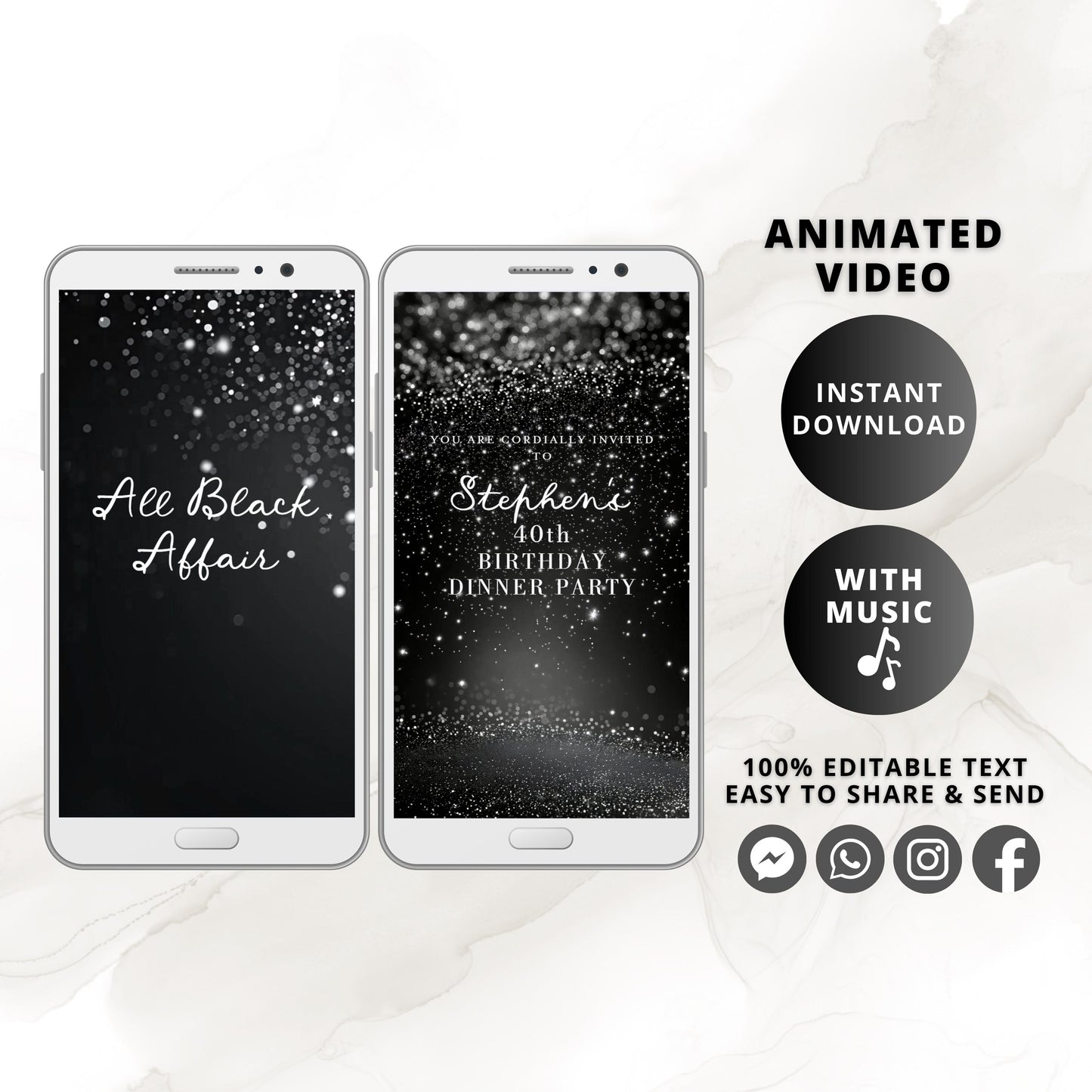 Editable All Black Affair Invitation, Black Glitter Birthday Party Video, Formal Black Tie Animated MP4 Evite