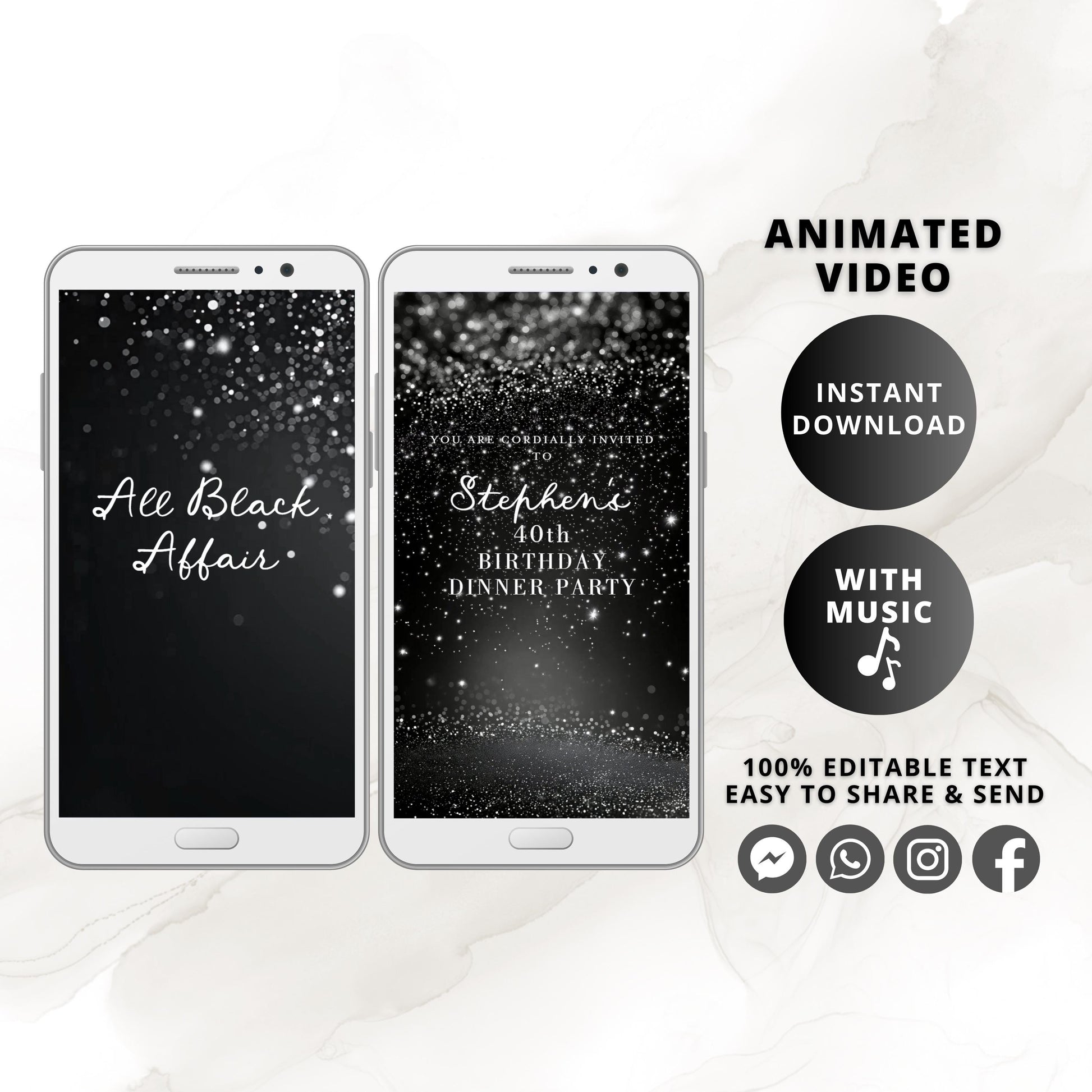 Editable All Black Affair Invitation, Black Glitter Birthday Party Video, Formal Black Tie Animated MP4 Evite