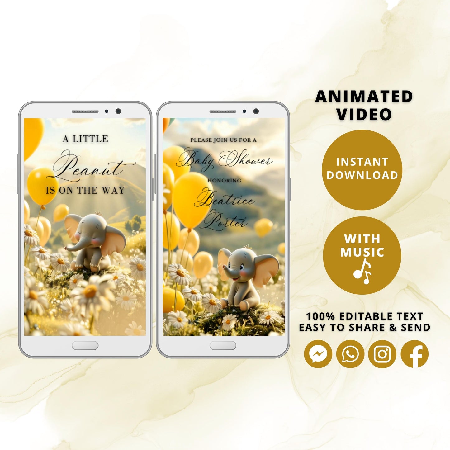 Elephant Daisies & Balloons Baby Shower Animated Video Invitation | Digital Download | Gender Neutral Baby Invite