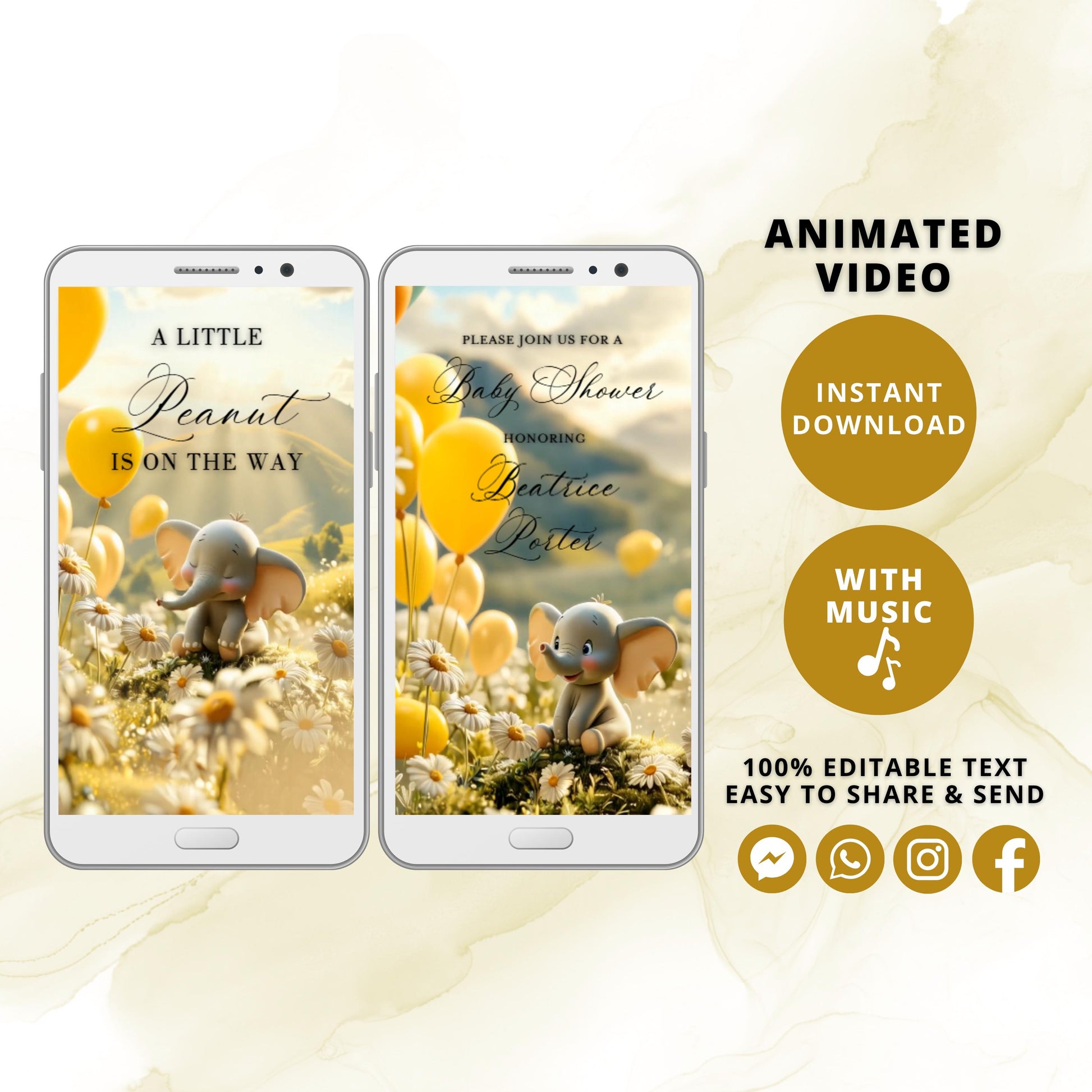 Elephant Daisies & Balloons Baby Shower Animated Video Invitation | Digital Download | Gender Neutral Baby Invite