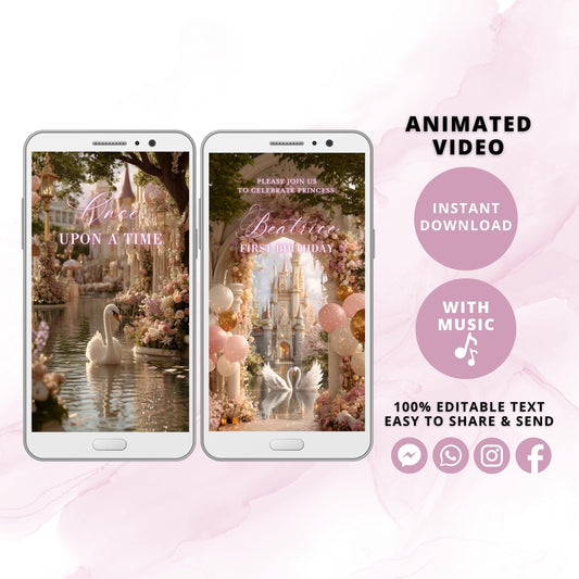 Princess 1st Birthday Video Invitation | Castle & Swan Glitter | Self-Editable Digital Template