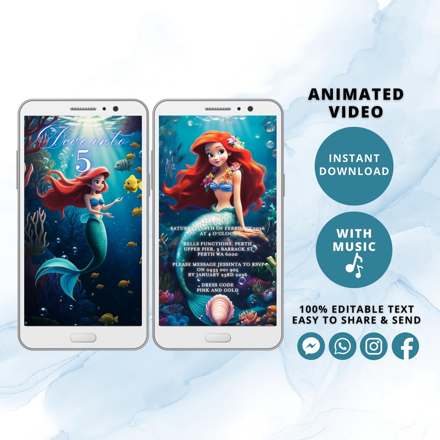 Dive Into Five Mermaid Invitation | Animated Video | Editable Under the Sea Birthday | Digital Download
