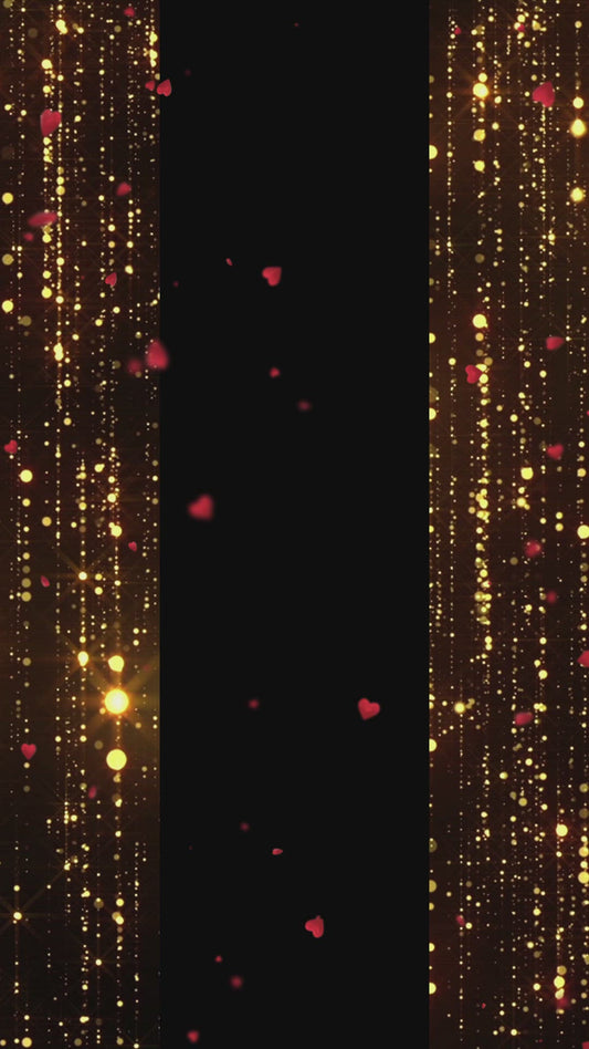 Biglietto d'auguri animato di San Valentino con glitter, invito video, tenda glitterata dorata con cuori cadenti